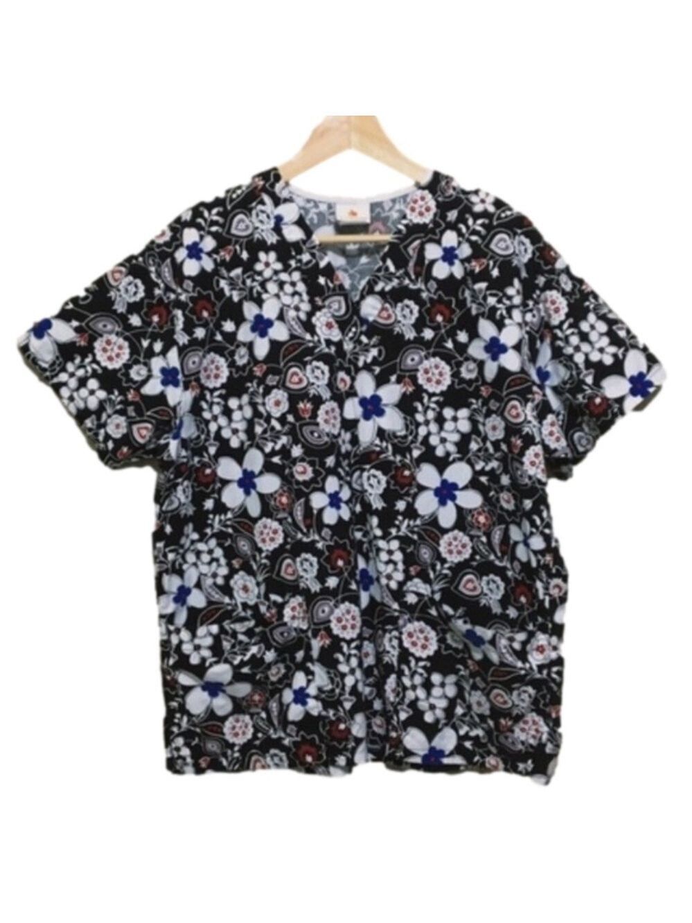 Peaches Uniforms black white red floral v-neck medium scrubs top - Picture 1 of 6
